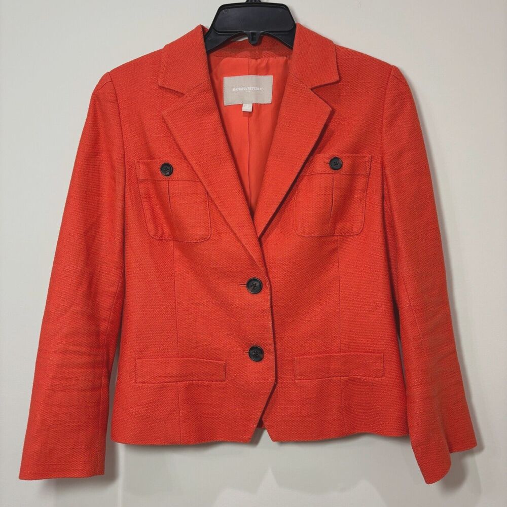 Banana Republic Orange Linen Cotton Blazer Cropped Women 6 Preppy Career Summer